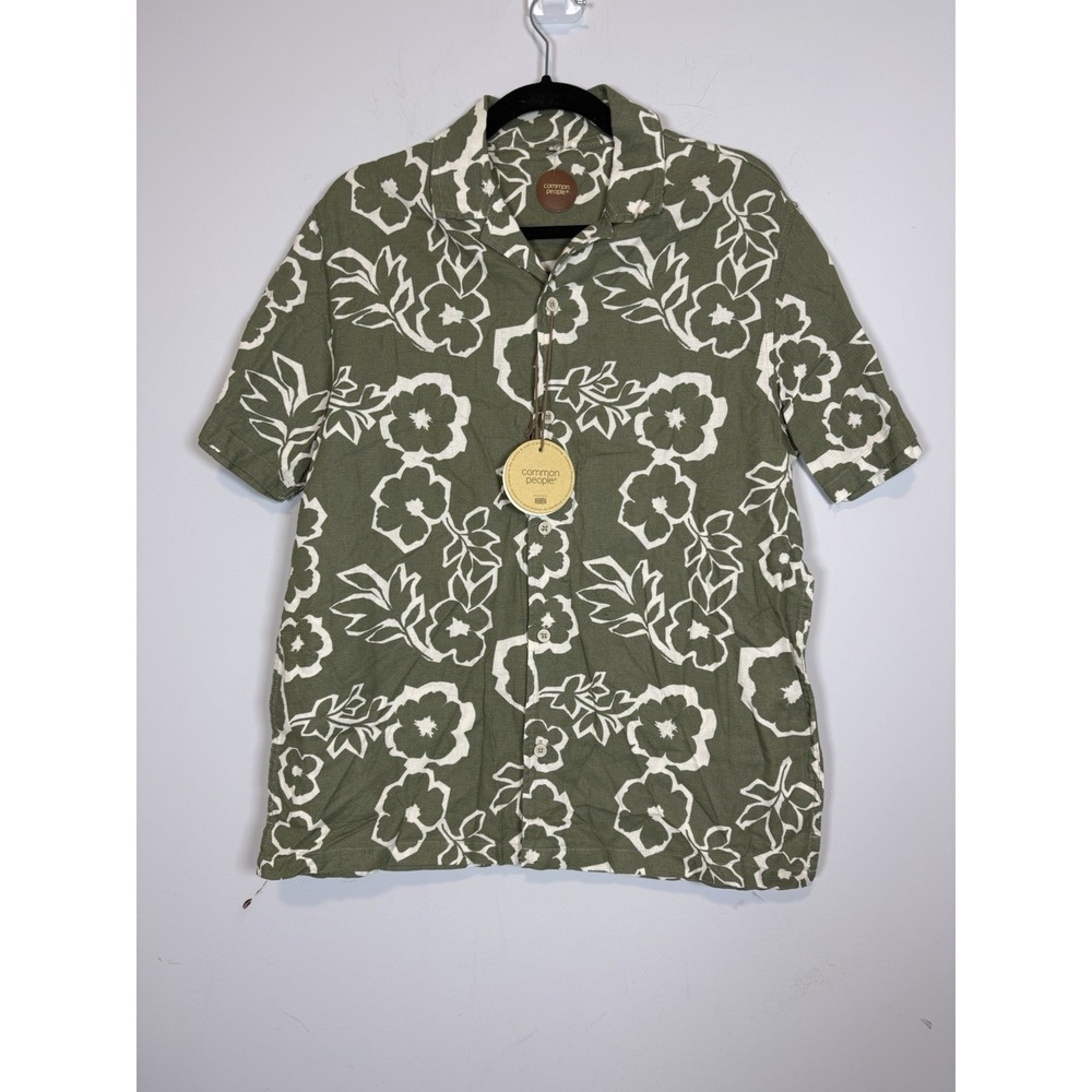NWT‎ Common People Mens HUGO Button Shirt Green Hawaiian floral Short Sleeve Med